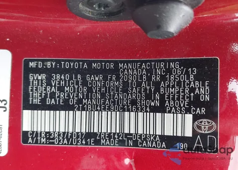 2013 Toyota Corolla S z USA, uszkodzony, nr VIN 2T1BU4EE9DC116334